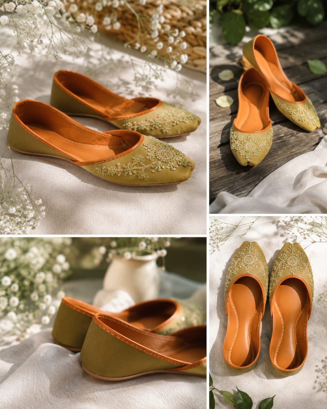 A four-panel collage showing olive green pointed-toe flat shoes with floral embroidery and orange-brown interiors, styled with white flowers, draped fabric, and a rustic wooden surface.