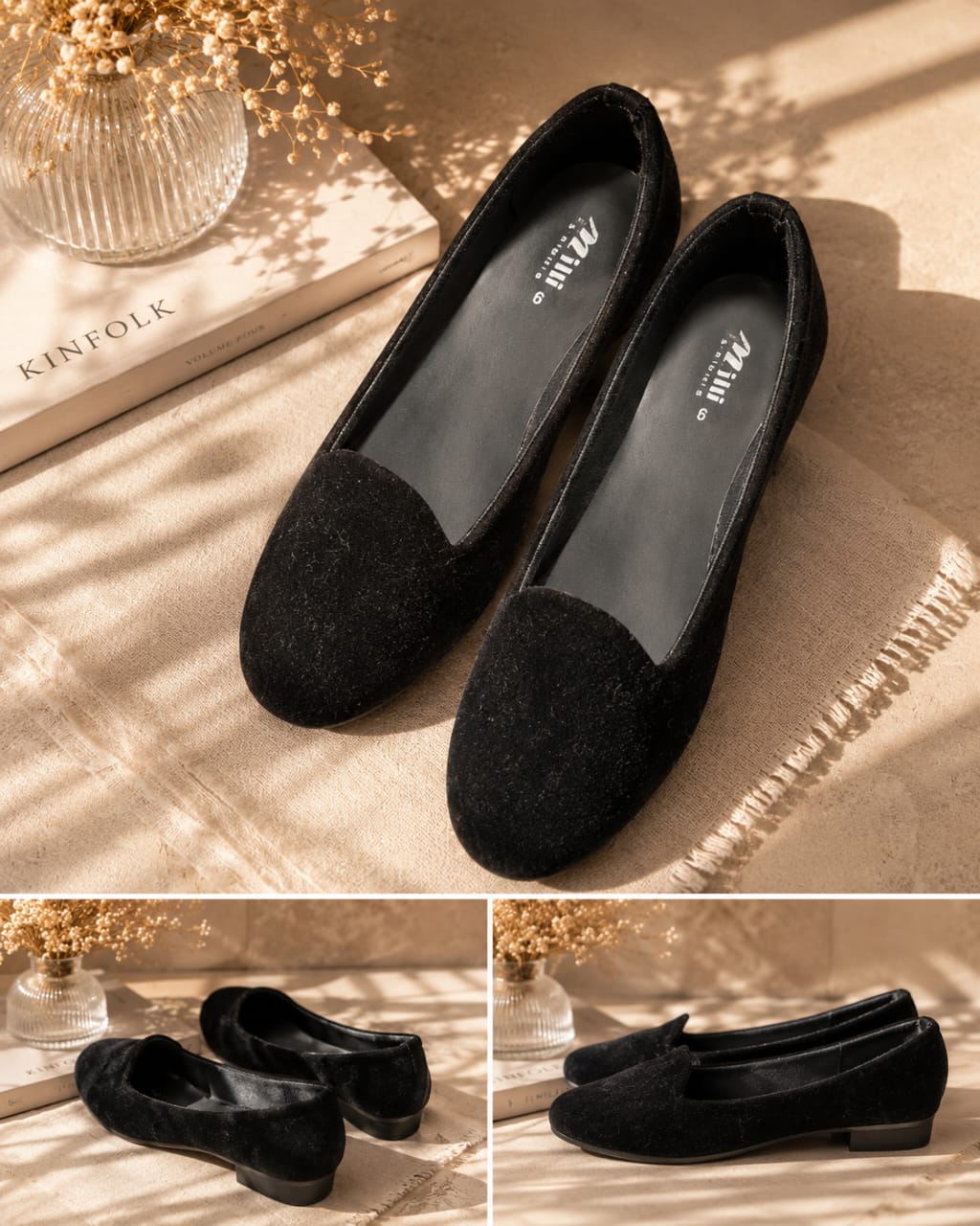 Three views of a pair of women's black suede slip-on flats with a rounded toe, displayed on a beige textured fabric with warm sunlight shadows and decorative dried flowers.
