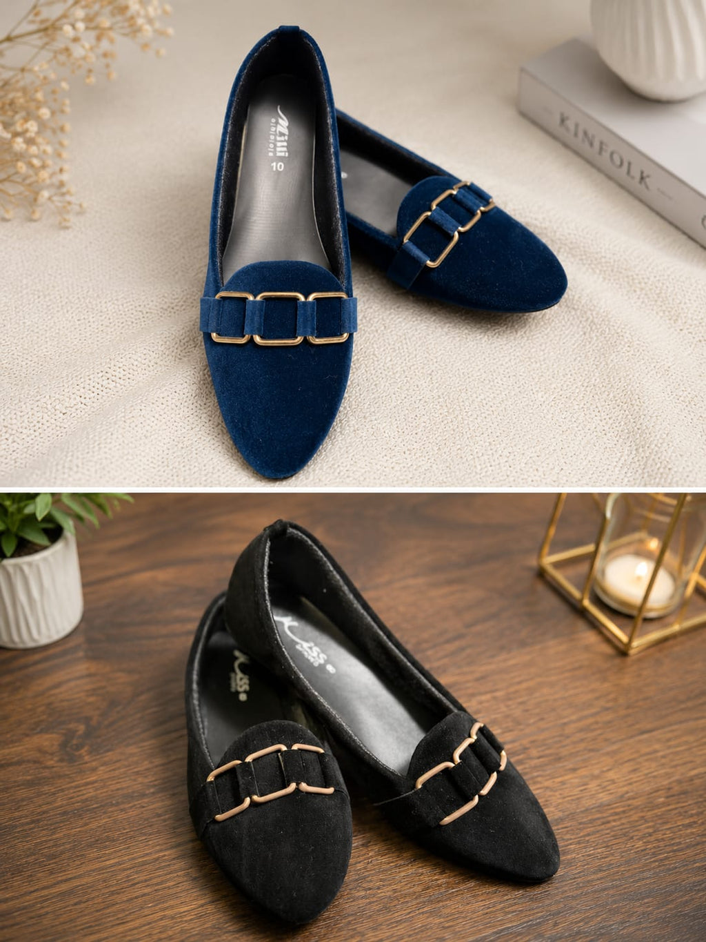 A pair of women's pointed-toe flats shown in two color variants: navy blue suede with gold-tone chain hardware, and black suede with matching gold-tone hardware. The top image shows the navy pair on a light beige textured fabric with decorative props, while the bottom image shows the black pair on a dark wood surface.