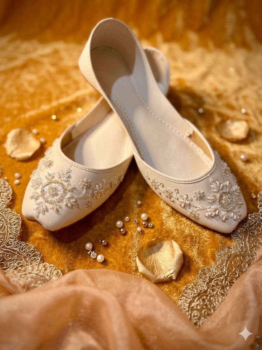 A pair of cream-colored flat shoes decorated with intricate silver floral embroidery and beadwork, styled on a textured golden fabric with decorative petals and pearls.