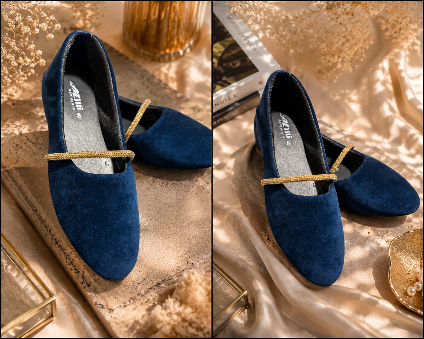 A pair of navy blue suede flat shoes with a thin gold elastic strap across the instep, displayed in a split-screen lifestyle setting with gold satin fabric, dried flowers, and books.